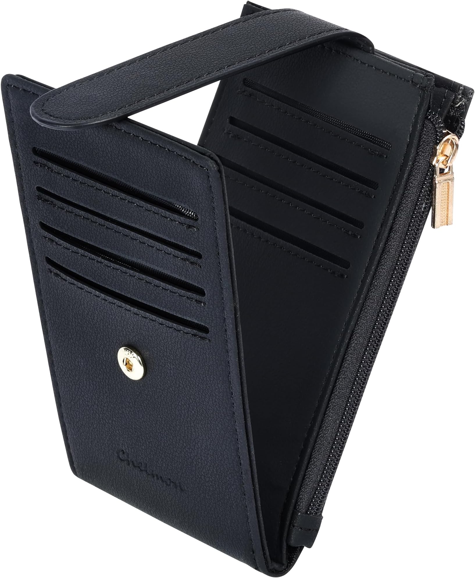 Womens Wallet Slim RFID Blocking Bifold Multi Card Case Wallet with Zipper Pocket (Black Smooth)