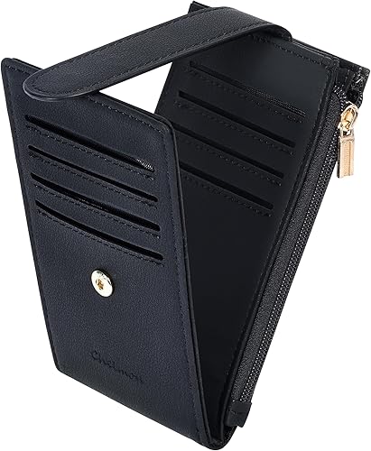 Chelmon Cartera de mujer delgada con bloqueo RFID, billetera plegable con varios compartimientos para tarjetas con bolsillo con cremallera, Negro