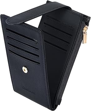 Chelmon Womens RFID Slim Card Holder Wallet | Thin Bifold Multi Card Case with Zipper Coin Pocket Purse for WomenBlack Smooth