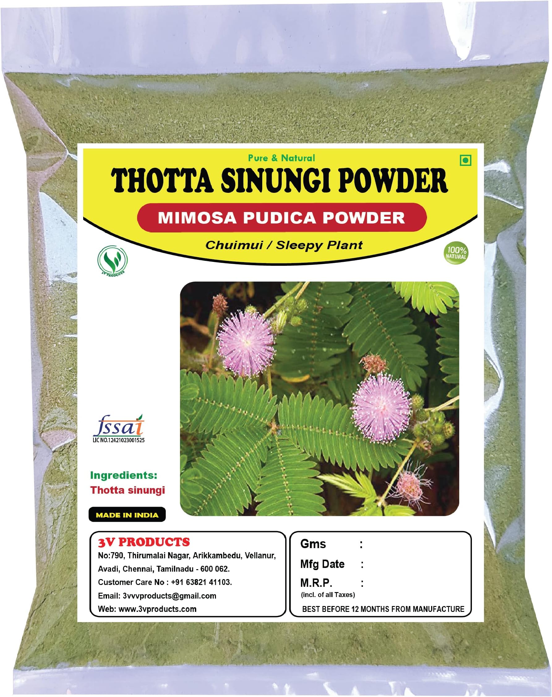 3V PRODUCTS Thotta Sinungi Powder 200g | Mimosa Pudica | Chuimui (Pack of 2x100g)