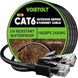Cat 6 Outdoor Ethernet Cable 100 ft, 24AWG 10Gbps Internet Network Cable Waterproof Direct Burial LLDPE UV Jacket, LAN Cable Cord with 20 Ties Support POE Cat6 Cat5e Cat5, CCA, UTP for PC