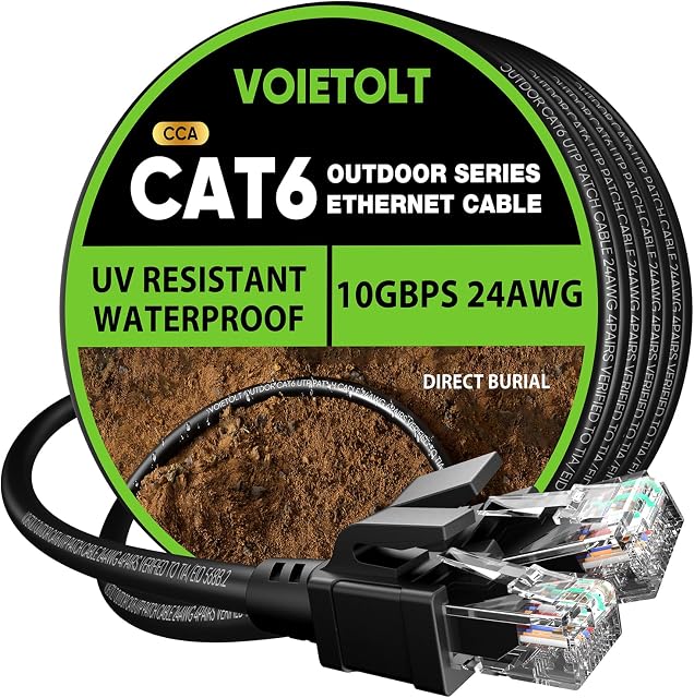 Cat 6 Outdoor Ethernet Cable 100 ft, 24AWG 10Gbps Internet Network Cable Waterproof Direct Burial LLDPE UV Jacket, LAN Cable Cord with 20 Ties Support POE Cat6 Cat5e Cat5, CCA, UTP for PC