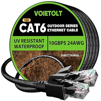 Outdoor Cat 6 Ethernet Cable 25m, Water Resistant Direct Burial LLDPE UV Jacket - 24AWG 10Gbps High Speed Gigabit Internet Network Cable - CCA, UTP with 20 Ties - Black