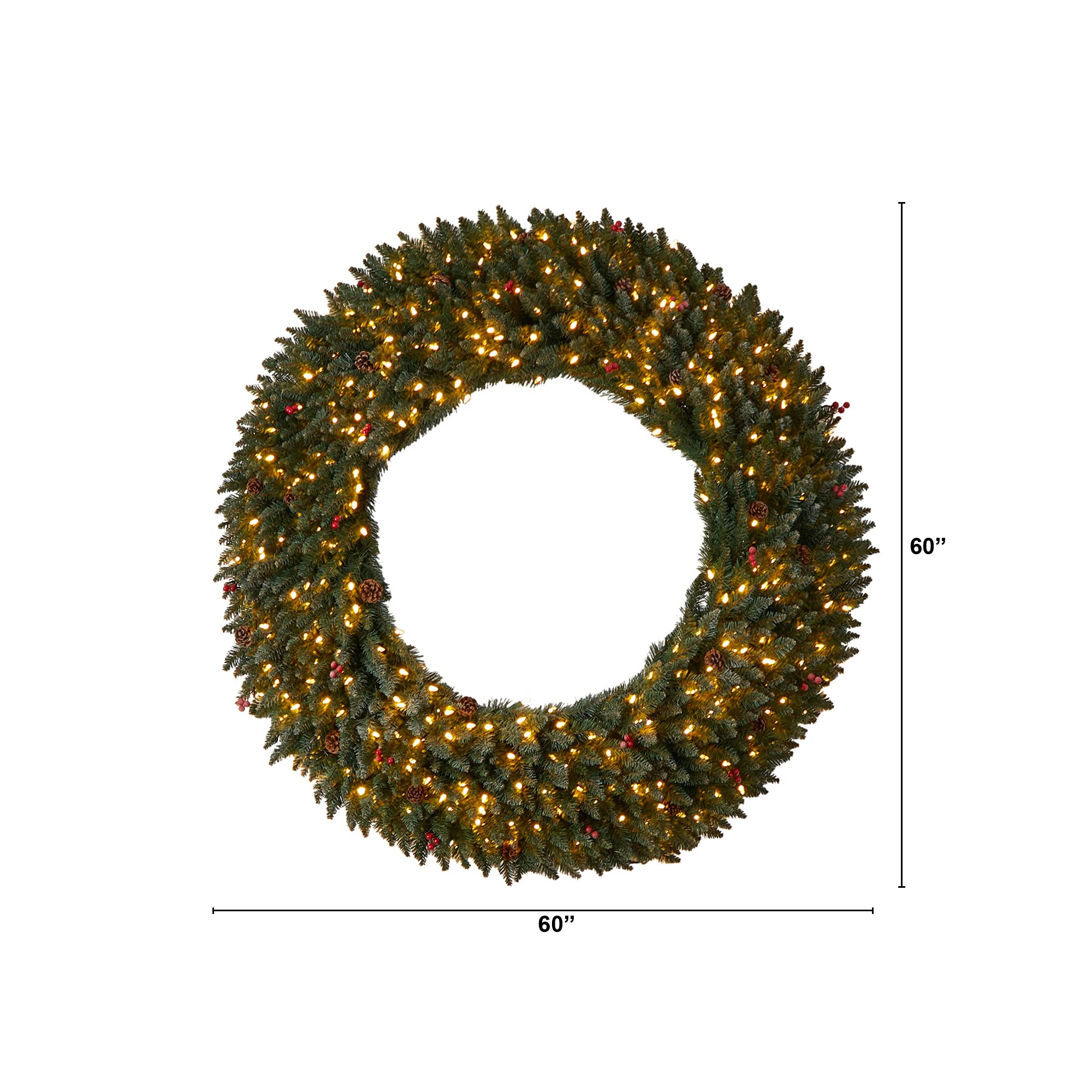 NearlyNatural Corona de Navidad Artificial Grande con piñones, Bayas, 400 Luces LED Transparentes y 820 Ramas doblables