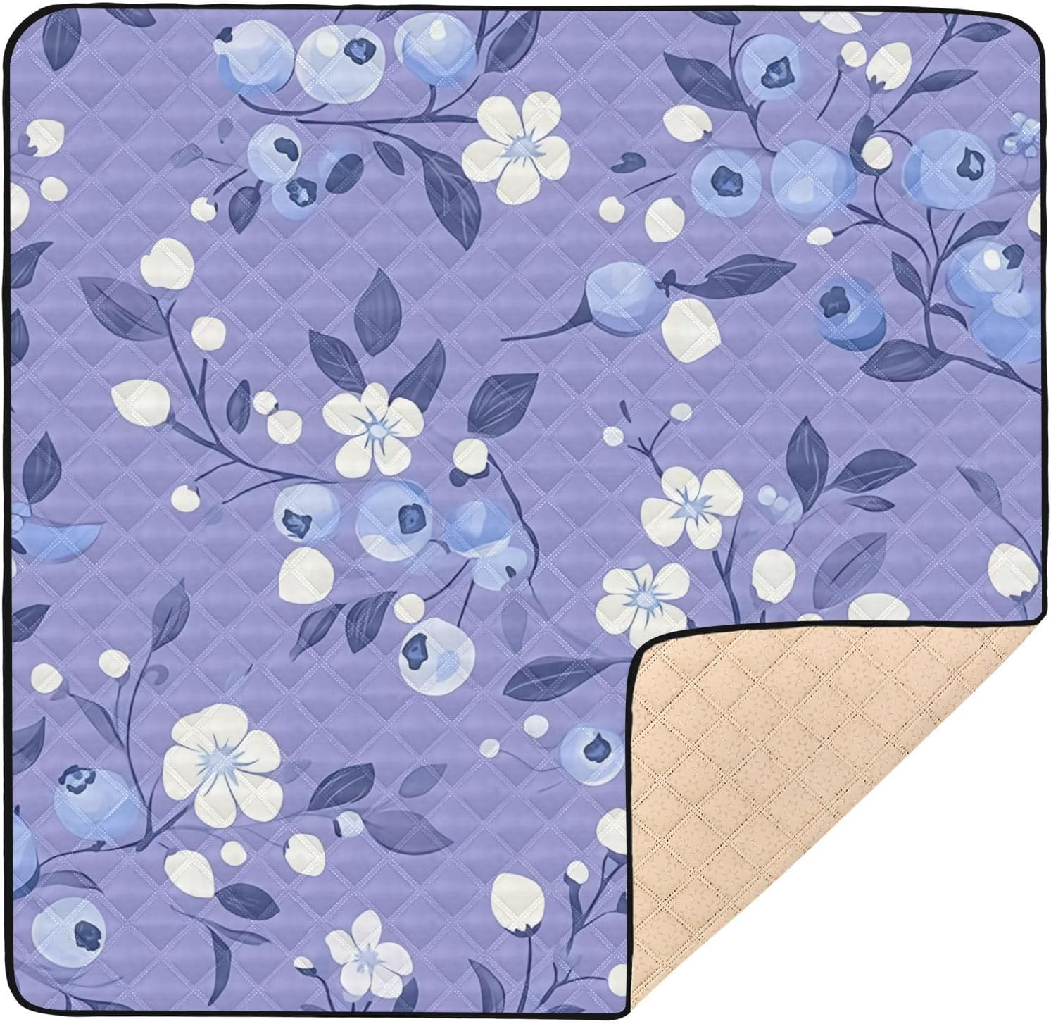 Doodle Blueberry and White Flower Baby Play Mat, 50“ X 50” Washable Folding Crawling Mat, Baby Floor Mat, Soft, Thick, Non-Slip