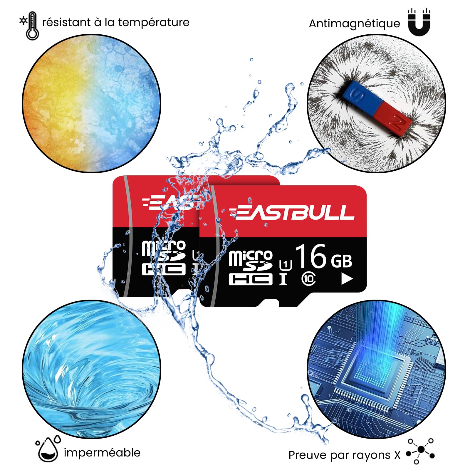 Micro SD 16 Go Lot de 10 Cartes, Cartes mémoire SD EASTBULL 16 Go, vidéo Full HD 90 Mo/s UHS-I U1 Micro SDHC Classe 10 pour caméras de Surveillance (10 unités et 2 adaptateurs)