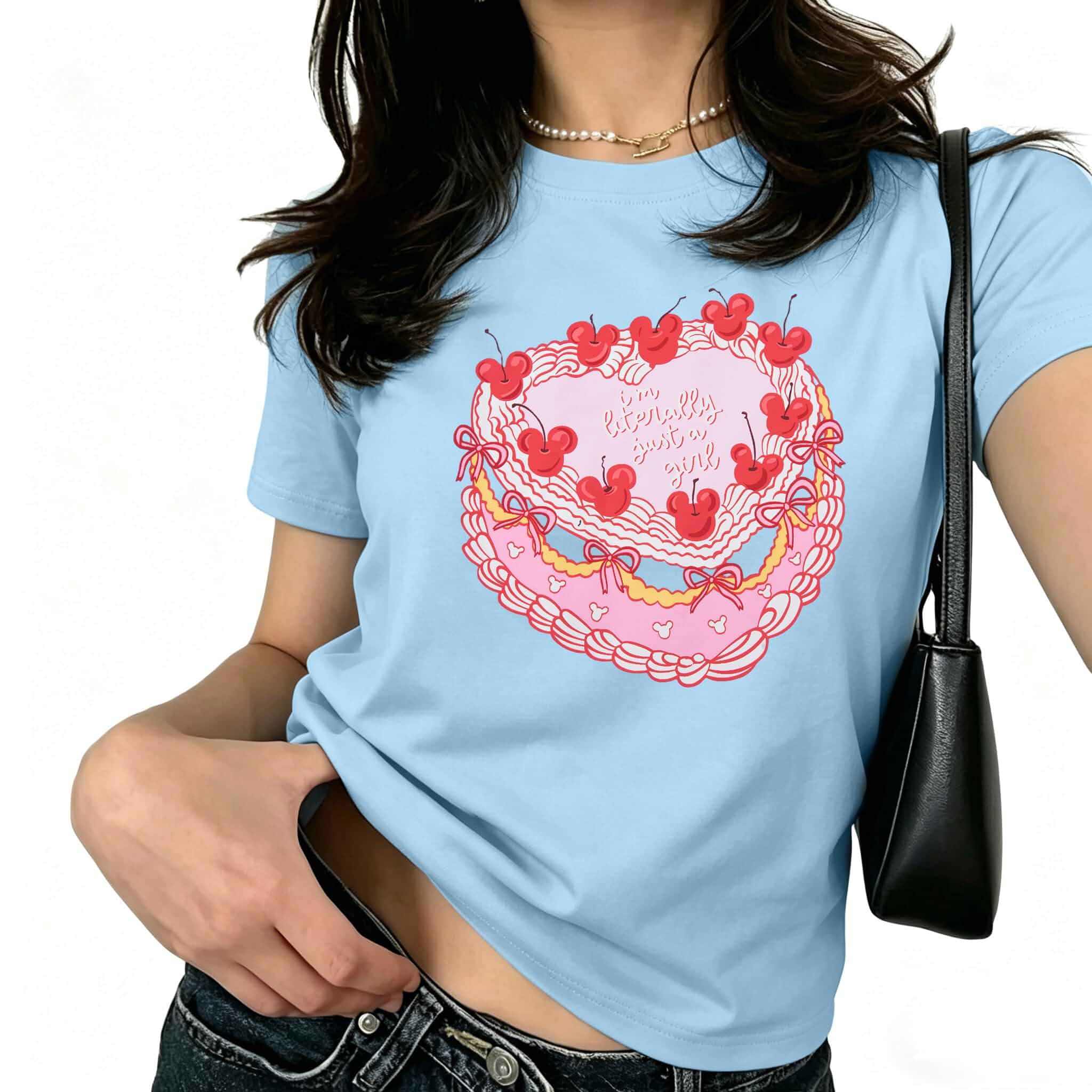 Pink Bow Cherries Shirt Women: Coquette Tops Clean Girl Aesthetic Shirts Magical Cherry Shirt Holiday Vacation Cute Crop Top Y2k Baby Tee Short Sleeve Crew Neck Graphic Tee Slim Fit Streetwear