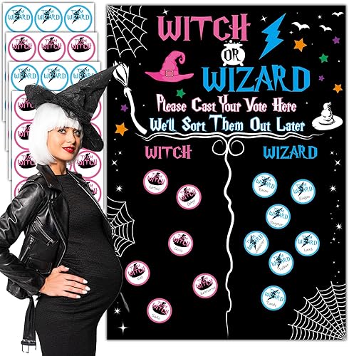 Juegos de revelación de género de bruja o mago de Halloween 48 calcomanías de votación ideas de revelación de género para niños o niñas suministros