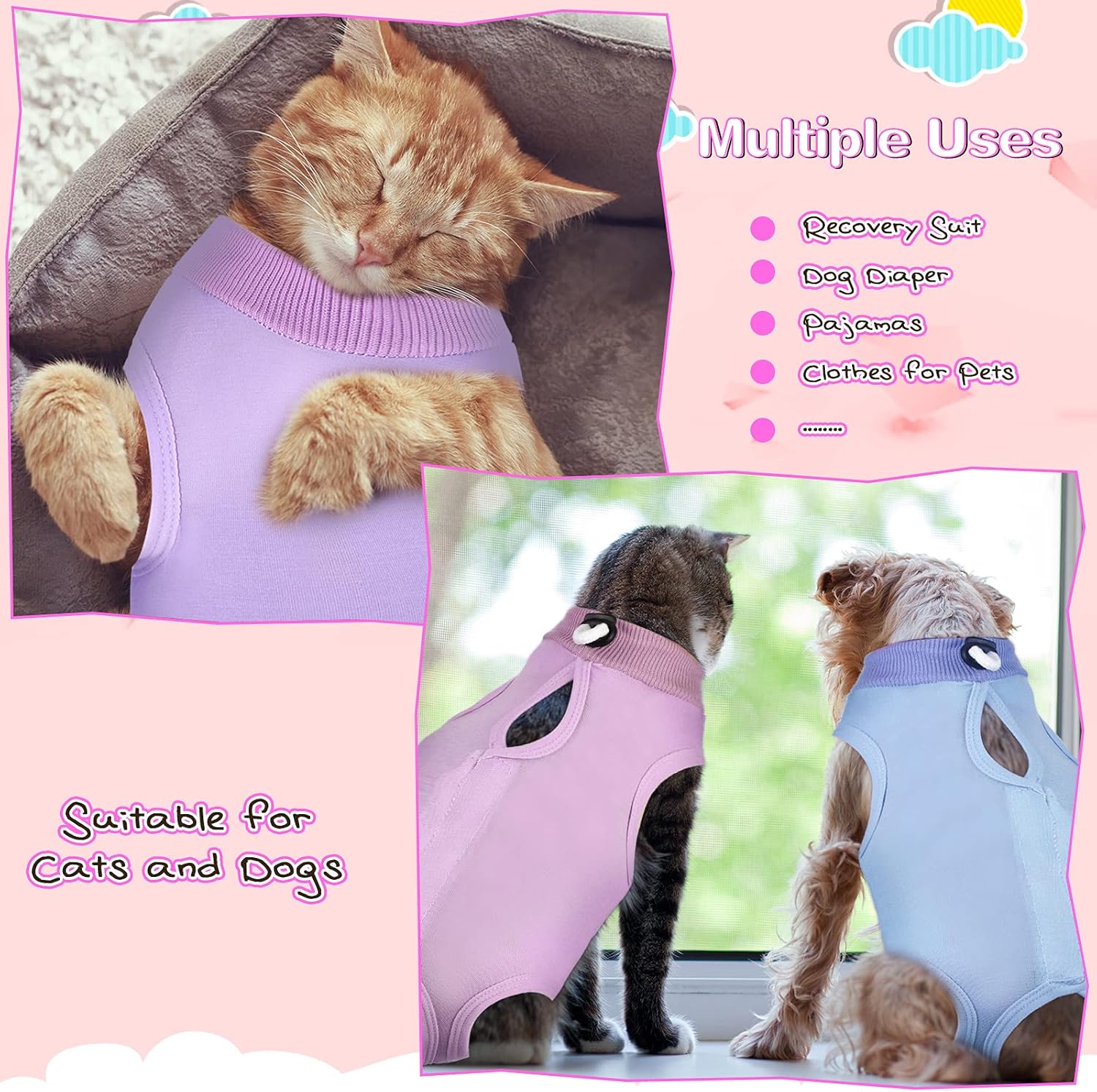 Nuanchu 3 Pieces Cat Recovery Suit Kitten Recovery Suit E-Collar Alternative for Cats and Dogs Abdominal Skin Anti Licking Pajama Clothes Sets (Medium,Solid Style,Purple Pink Blue) Medium Solid Style Purple Pink Blue