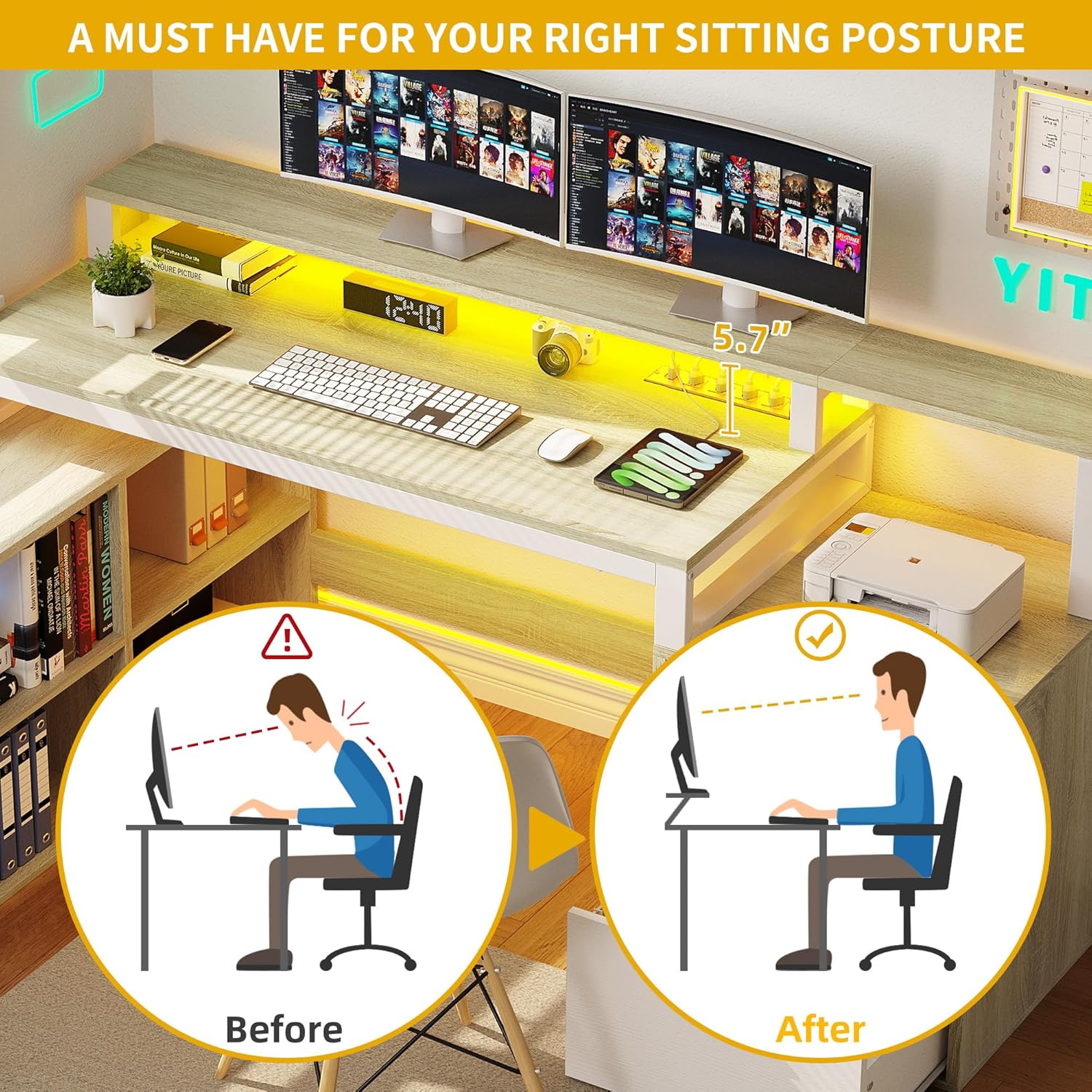 DWVO L Shaped Desk with Drawers, 65" Computer Desk with Power Outlets & LED Lights, Corner Home Office Desk with Storage Shelves & Printer Stand, White & Oak