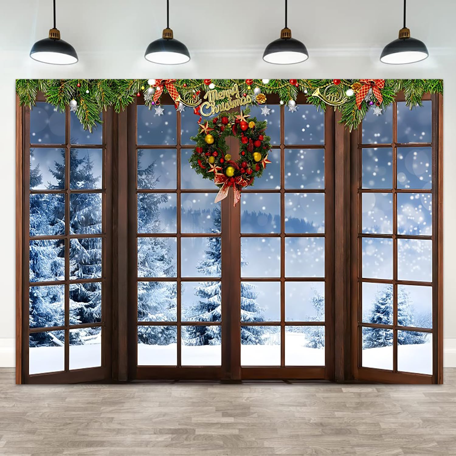 ASDCXZ 7x5ft Christmas Backdrop Xmas Snow Scene Theme Photography Background Wooden Window Red Gold Ball Winter Pine Tree Holiday Party Banner