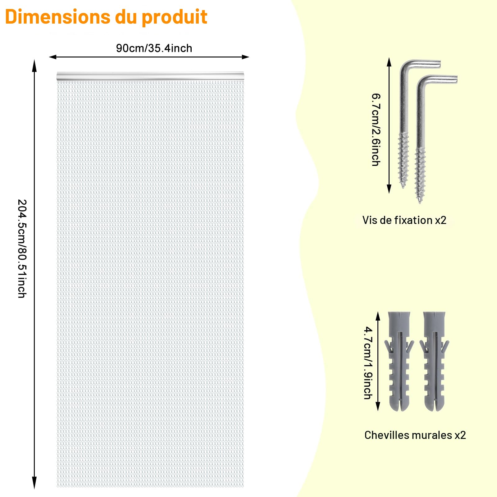 rideau à chaîne en aluminium 90 cm x 200 cm en de qualité supérieure pour portes - Rideau à chaîne contre les insectes, les mouches, les guêpes - Moustiquaire intérieure et extérieure