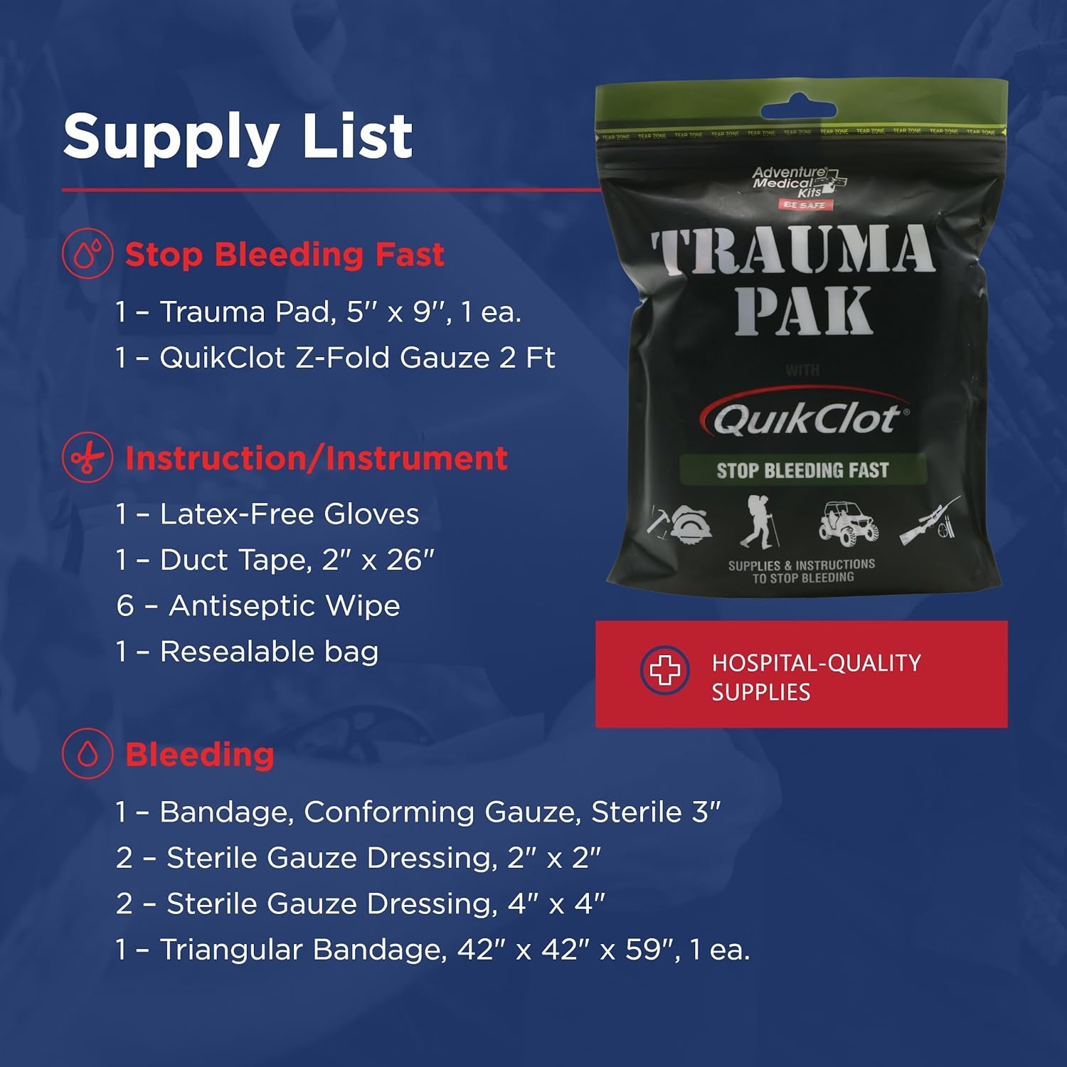 Adventure Medical Kits Trauma Pak with QuikClot & QuikClot Gauze 3" x 2’ - Medical Kit with Gloves, Gauze, Dressing & More - First Aid Kit Includes QuikClot Dressing - Supplies for Wound Care