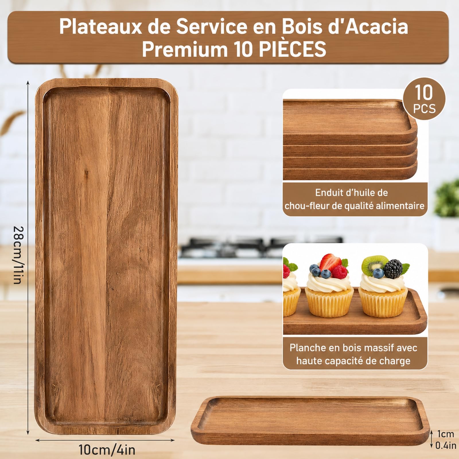 Lot de 10 Plateaux de Service en Bois d’Acacia, Planches Apéritives 28x10cm | Planches à Charcuterie avec Rebords Surélevés pour Apéritif, Tapas, Fromage, Café, Buffet, Mariage et Décoration