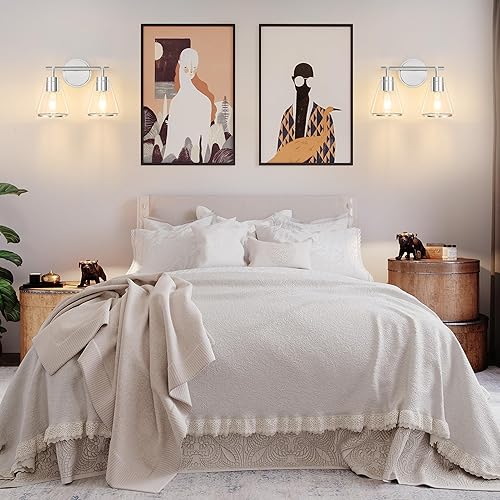 Miniatura 7 de Lámparas de baño sobre espejo de níquel pulido, 2 luces de tocador de baño con pantalla de vidrio transparente de 14 pulgadas, apliques de pared