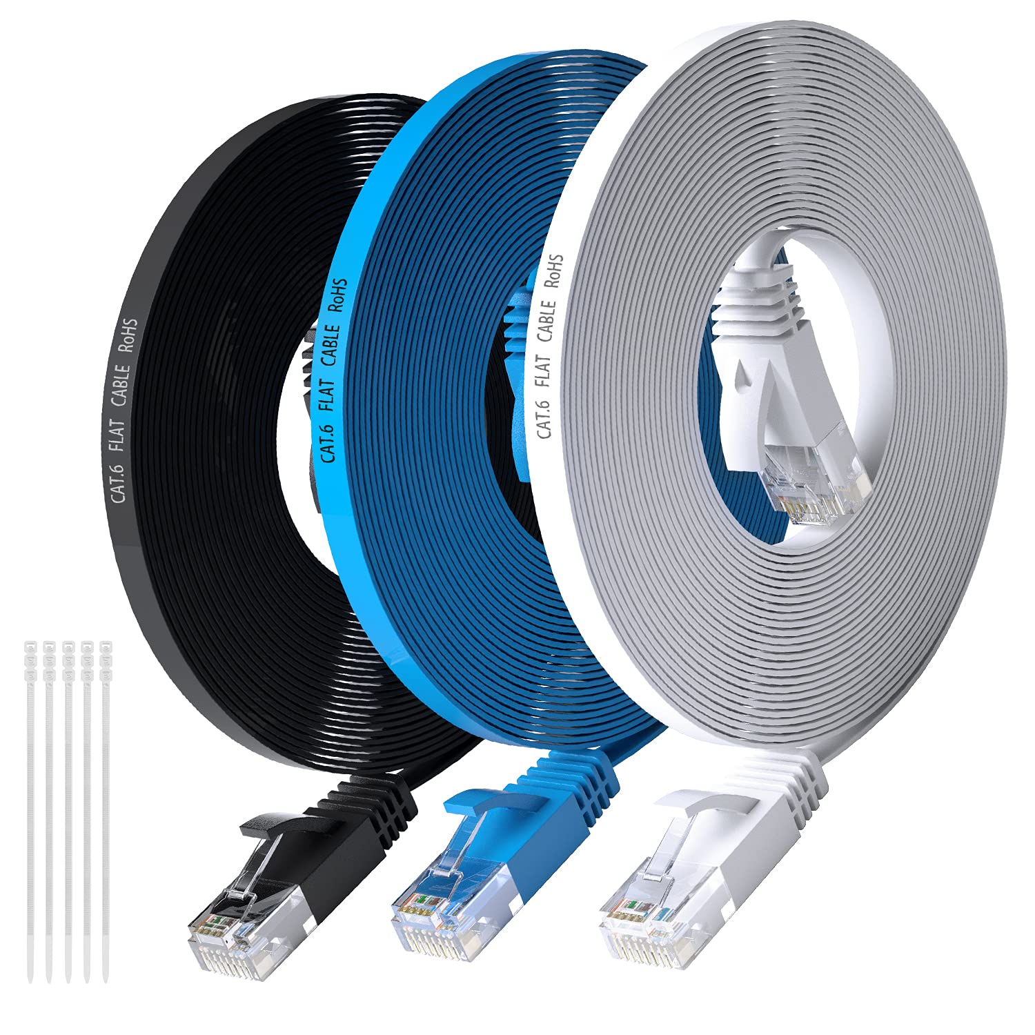 Cat6 Flat Ethernet Cable 6 Feet/3 Pack,Adoreen High Speed Slim Patch Cable(0.6ft to 50ft), Pure Copper Wire,10Gigabit 500MHz,Thin and Flexible,Cat 6 Cat5e Cat5 Network Ether Cable with 15 Ties: Industrial & Scientific
