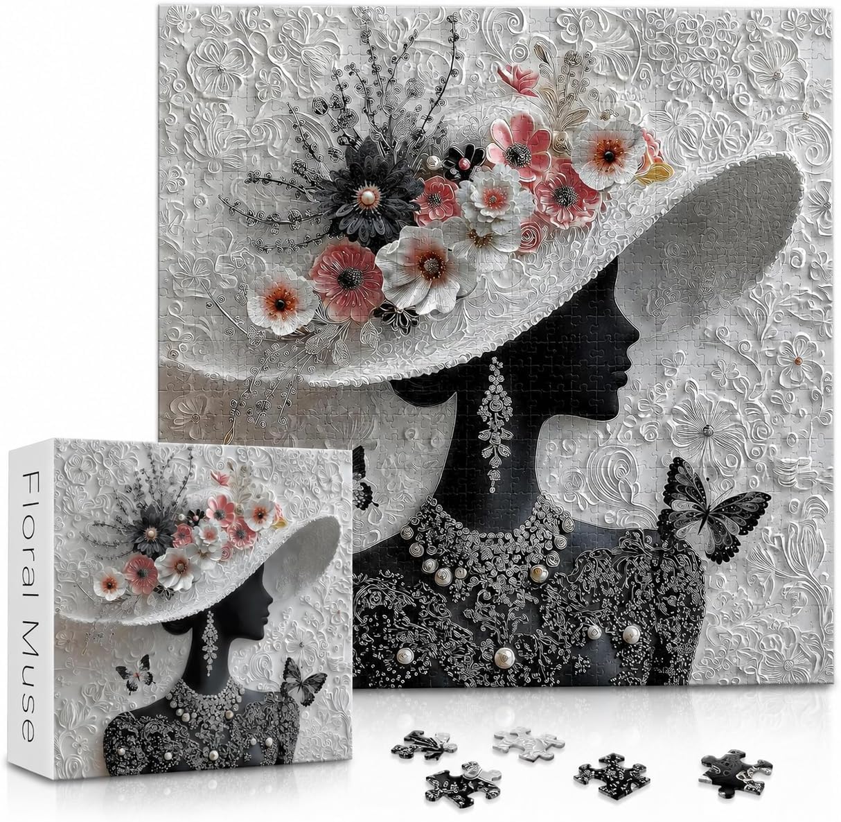 Impossible Puzzles for Adults 1000 Pieces,PICKFORU Floral Muse Puzzle Elegant Lady,Beauty Flower Woman Puzzle Black and White Pearl,Hard Challenge Jigsaw Puzzles Aesthetic