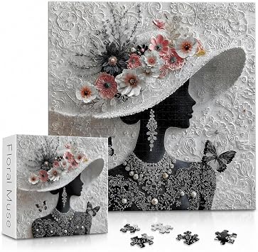 Impossible Puzzles for Adults 1000 Pieces,PICKFORU Floral Muse Puzzle Elegant Lady,Beauty Flower Woman Puzzle Black and White Pearl,Hard Challenge Jigsaw Puzzles Aesthetic