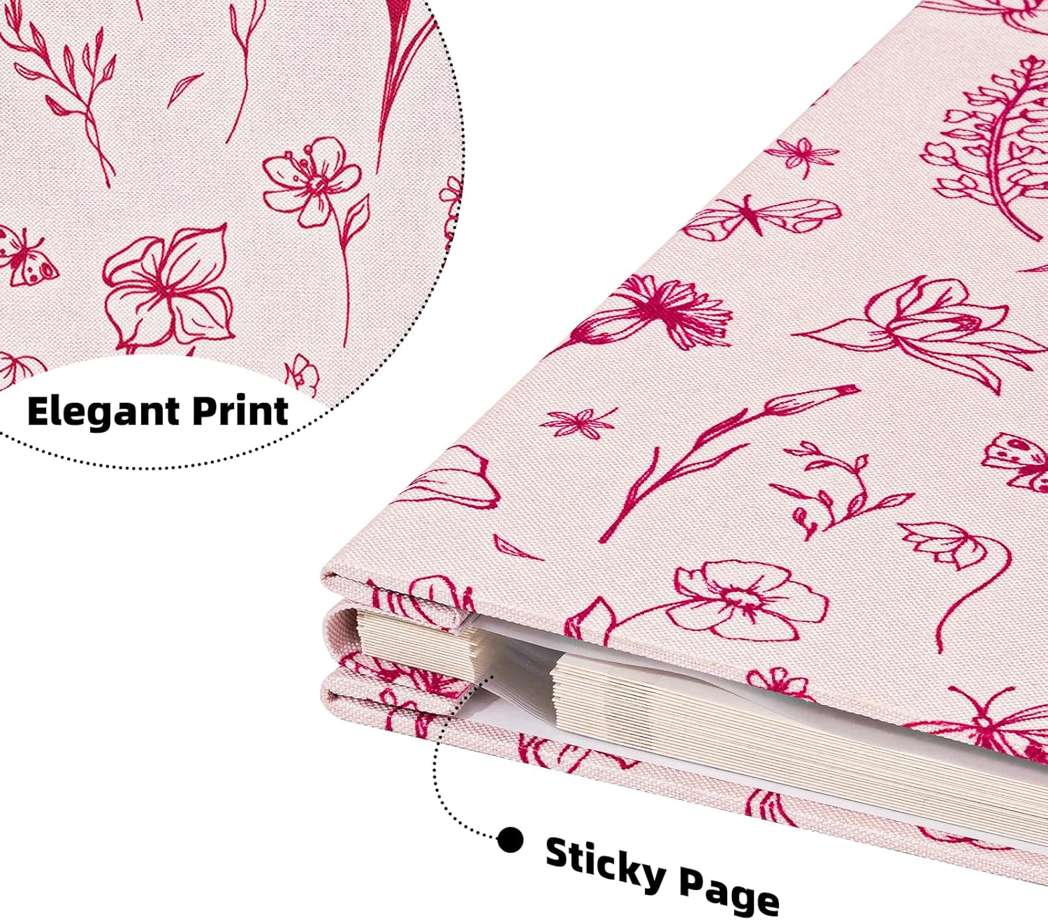 Vienrose Self Adhesive Photo Album for 4X6 8X10 Pictures, Linen Cover Scrapbook Pink Flower Printed Memory Book, 40 Blank Pages with A Metallic Pen for Baby Family Graduation Wedding Memories - Image 2