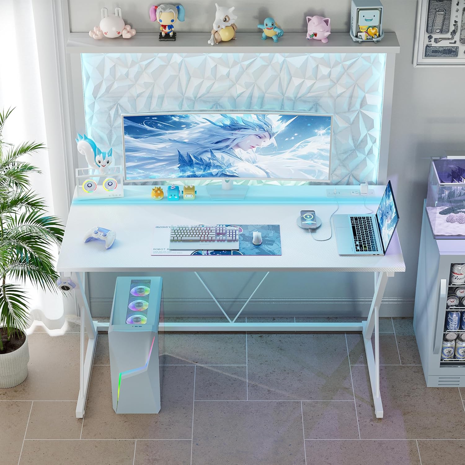 tiqlab gaming desk with power outlets & led 32 inch ergonomic computer carbon fiber surface gamer, pc workstation with headphone hook for bedroom, kids desk gift for boys, white 32 inch white