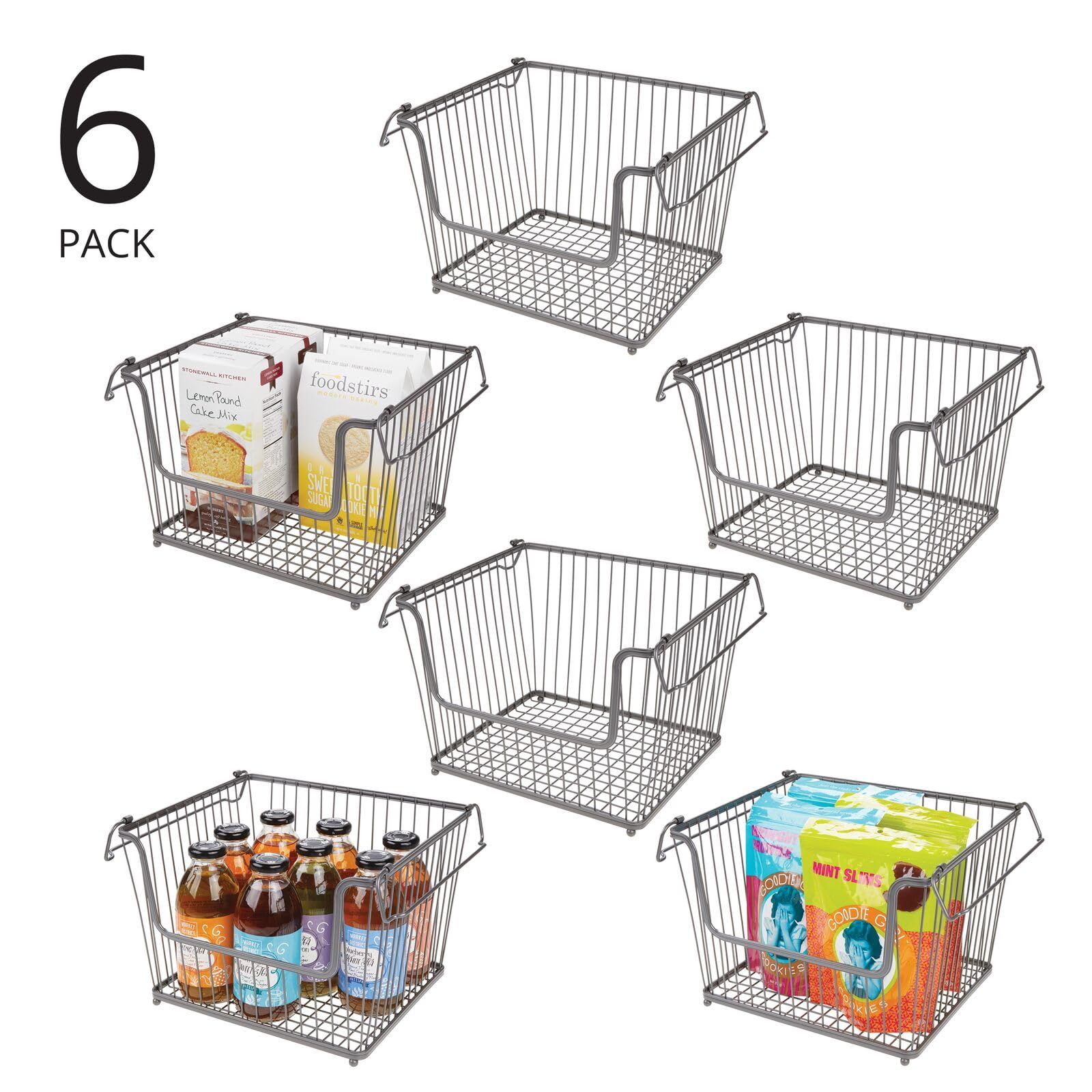 mDesign Moderno cestino portaoggetti in metallo – Comodo organizer cucina con manici di grandi dimensioni – Contenitore cucina capiente impilabile – Set da 6 – grigio scuro