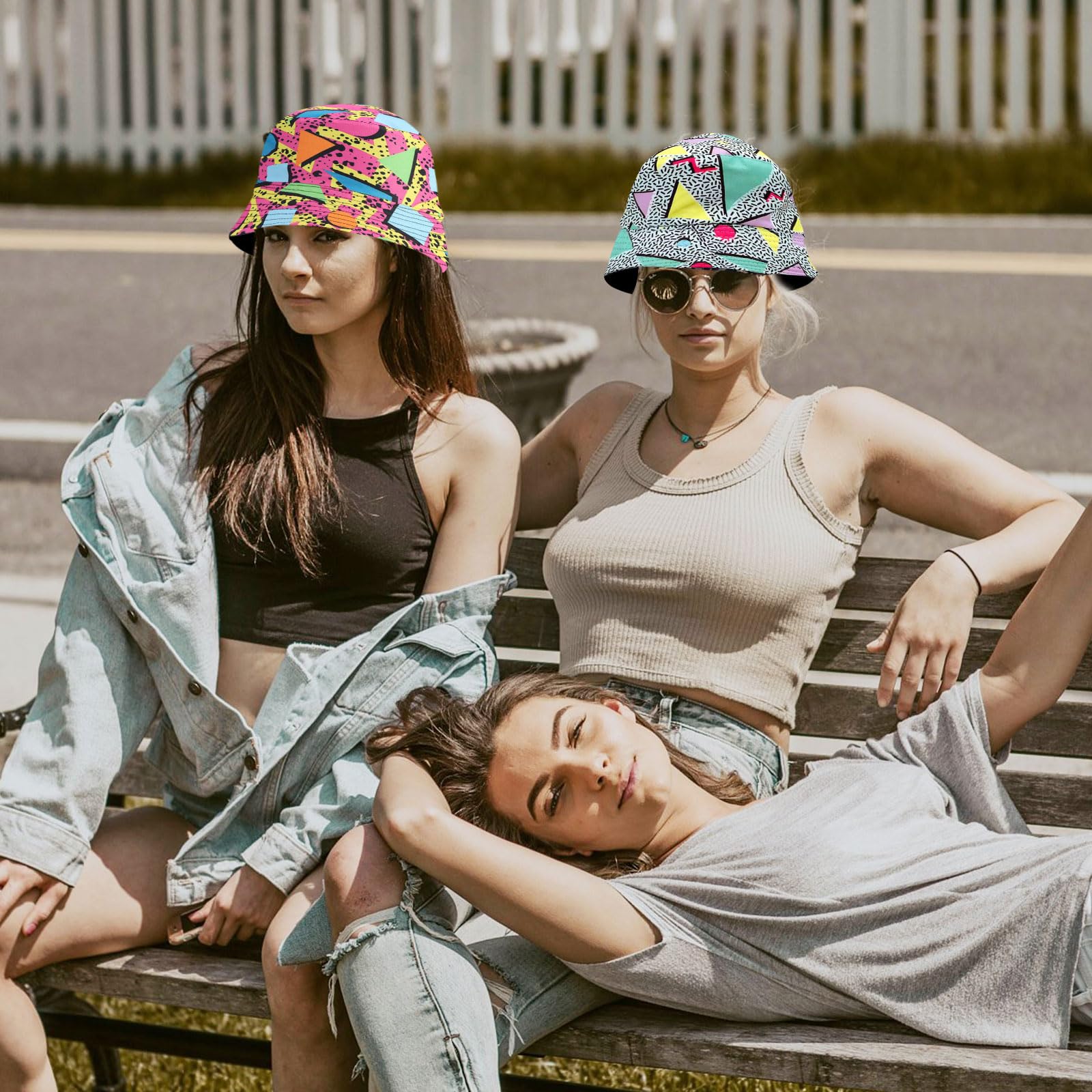 EUPSIIU 2 sombreros de pescador de los años 80 para hombres y mujeres, divertido sombrero de pescador con estampado bonito, sombreros de pescador para discoteca, hip hop, fiesta, reversible, portátil,