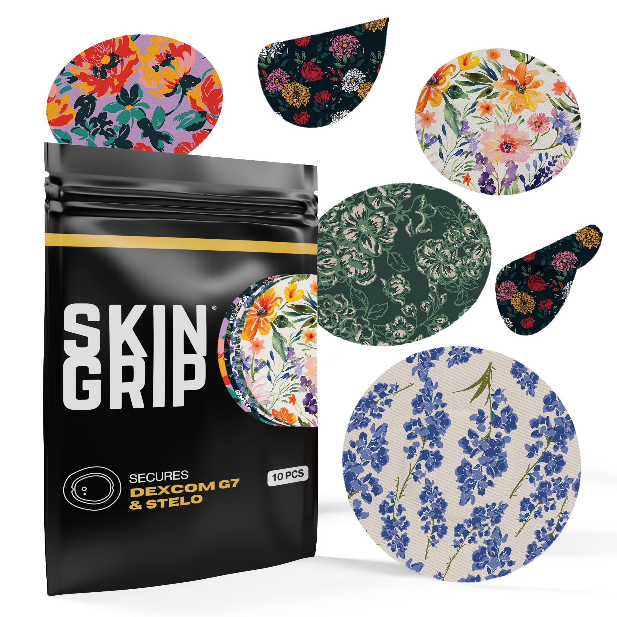 Skin Grip Adhesive Patches for Dexcom G7 & Stelo CGM – Waterproof & Sweatproof Cover for Continuous Glucose Monitor Sensor, Stays Secure for 10-15 Days – 10 Pack, Floral