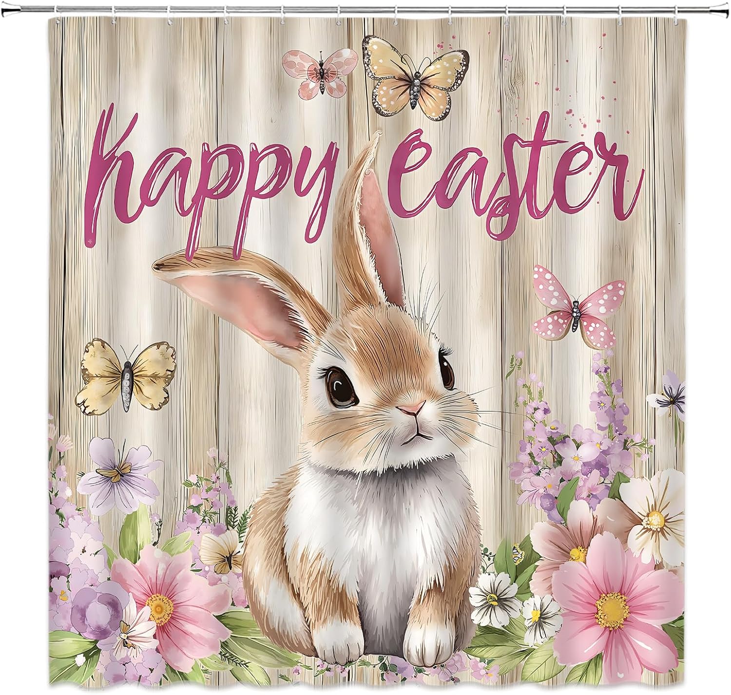 Happy Easter Shower Curtain Cute Rabbits Bunny Spring Pink Butterfly Flower Cartoon Rustic Floral Wooden Fabric Bathroom Curtain Decor Bath Set with Hooks(70" Wx84 H)