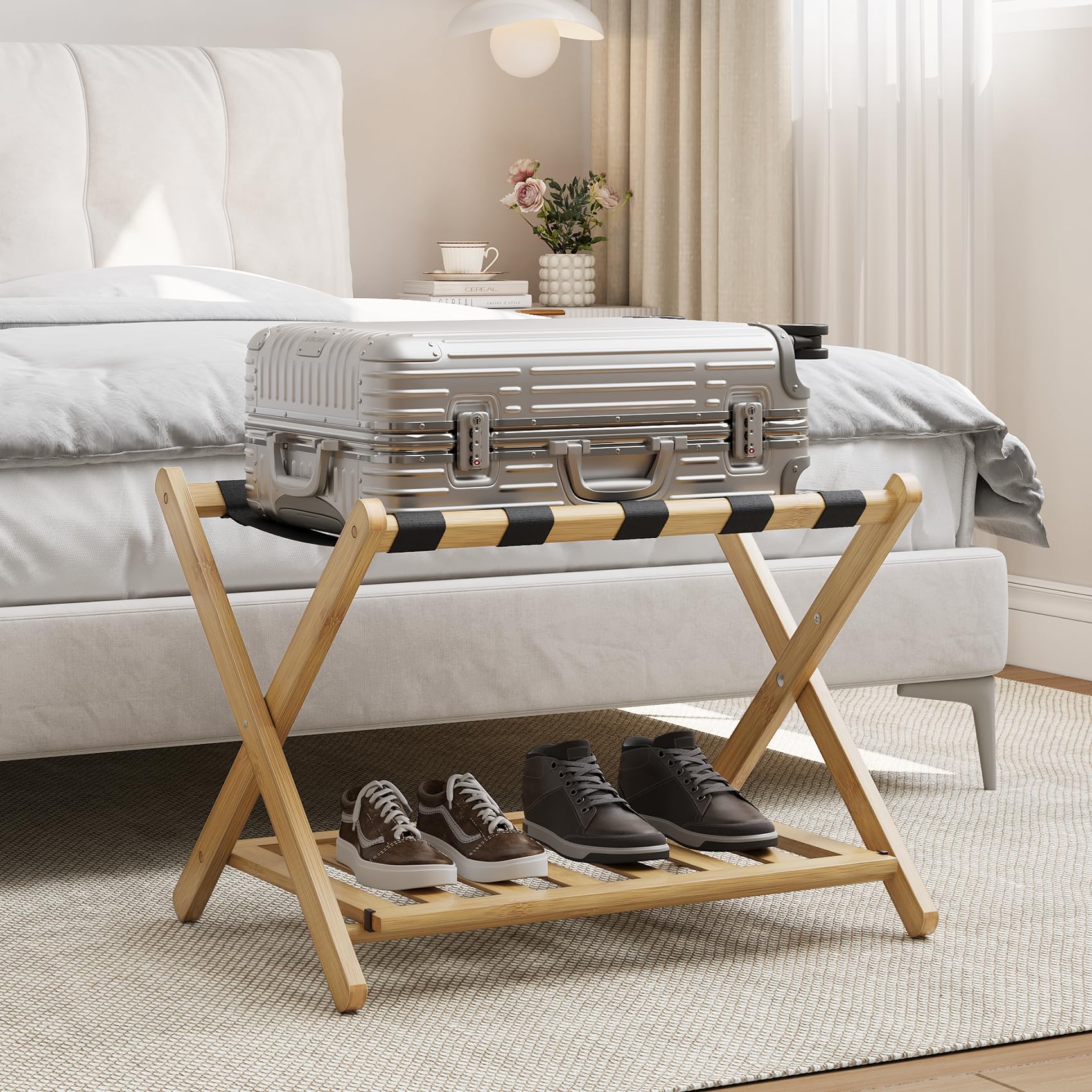 Fully Assembled Bamboo Luggage Rack, Heavy Duty Folding Suitcase Stand with Storage Shelf, Guest Room Essentials, Ideal for Bedroom, Hotel, Natural