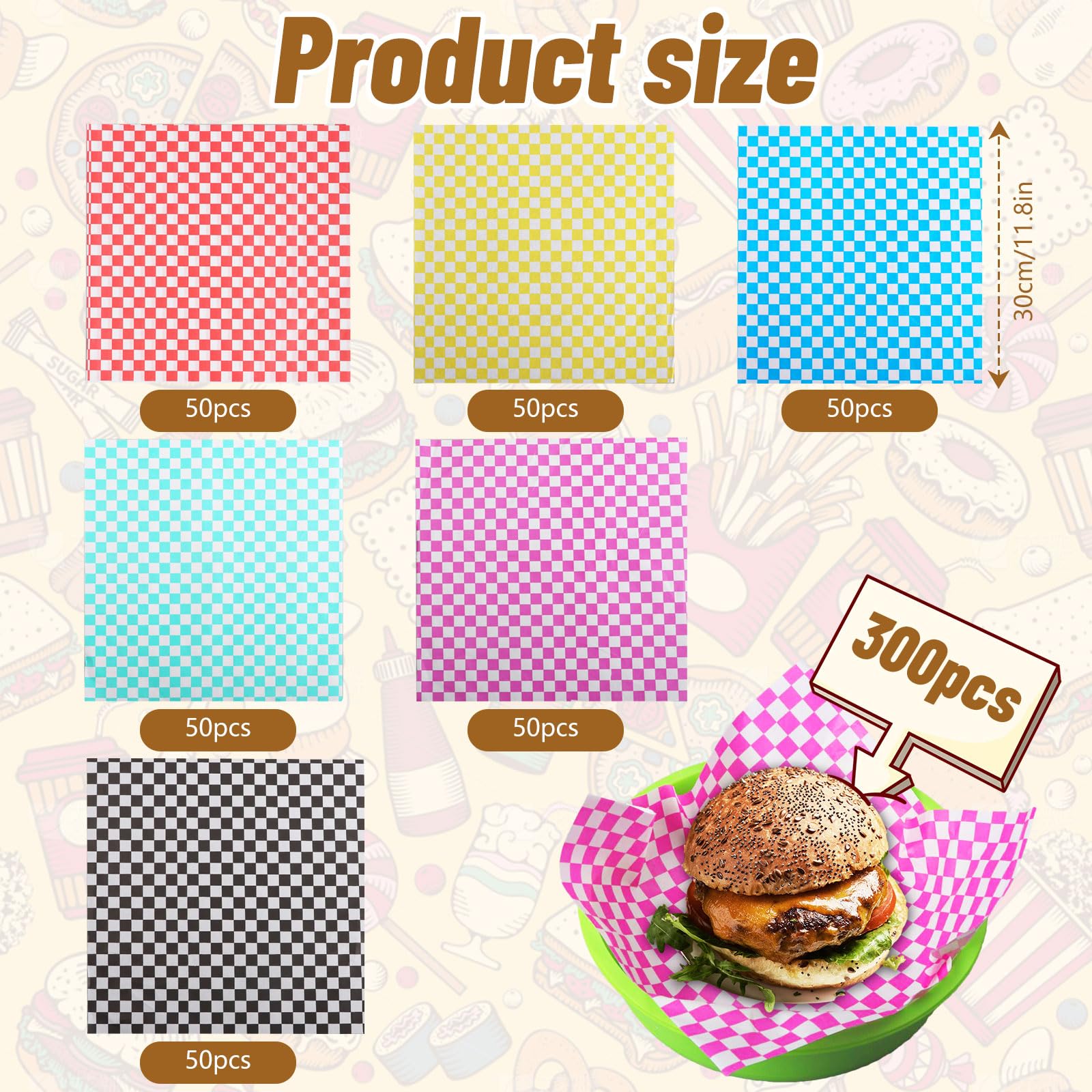 300 Pcs Waxed Deli Paper Sheets 12×12 Inches,Checkered Food Basket Liners for Sandwiches,Grease Resistant Sandiwch Wrapping Paper,Festive Design Deli Wrap Wax Paper Sheets for Party Fair Outdoors