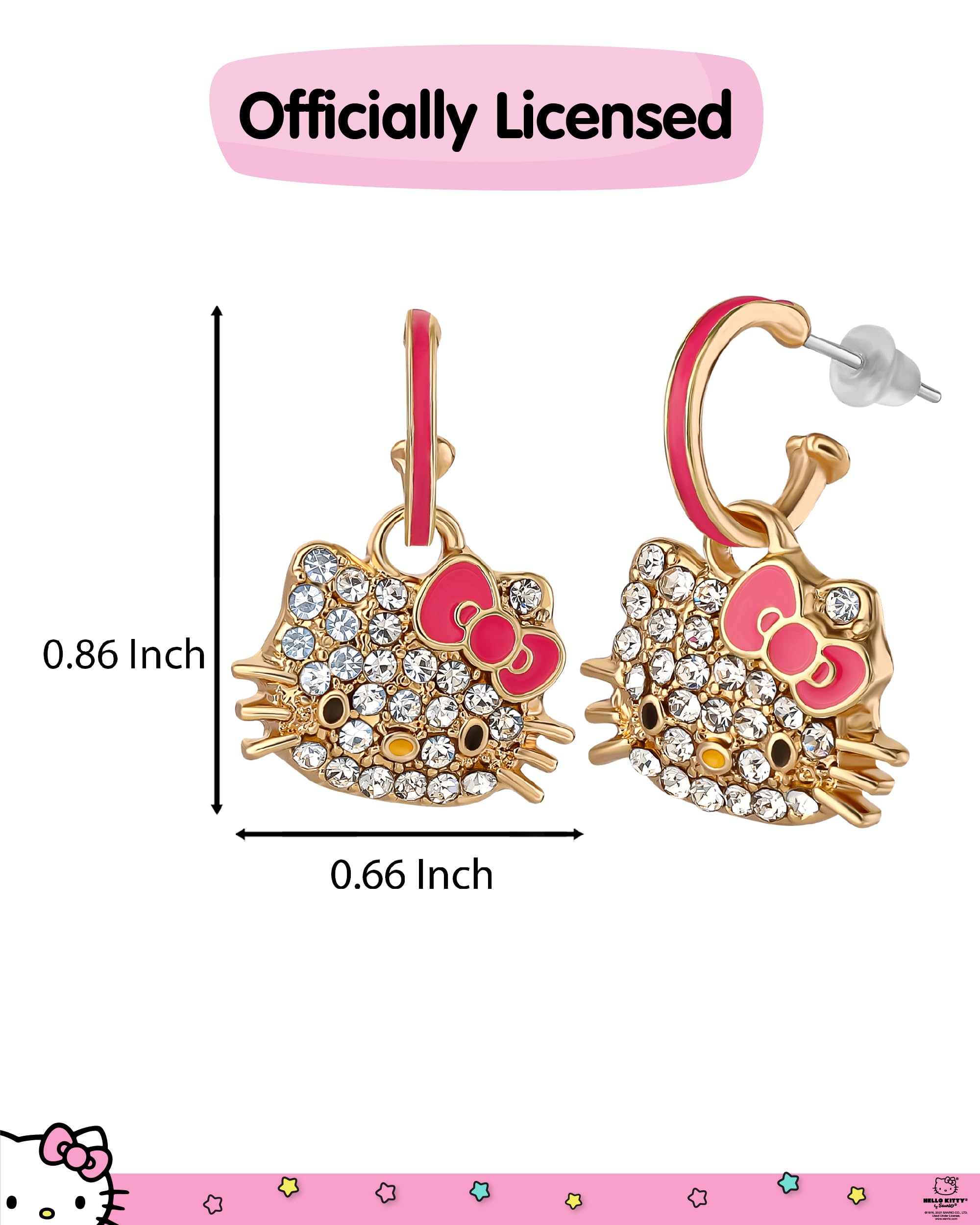 Sanrio Pave Crystal Hello Kitty Dangle Earrings for Women Official License, Yellow Gold Tone and Enamel Hello Kitty Earrings
