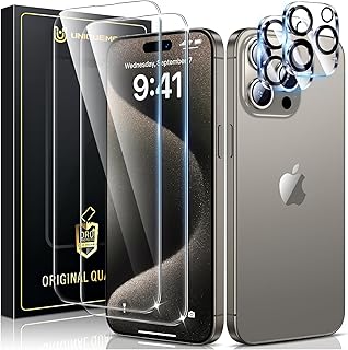 [2+2 Pack] UniqueMe Screen Protector Compatible with iPhone 15 Pro 6.1-inch, Tempered Glass Film with Camera Lens Protector Scratch Resistant HD Clear [Drop Protection] Easy to Install
