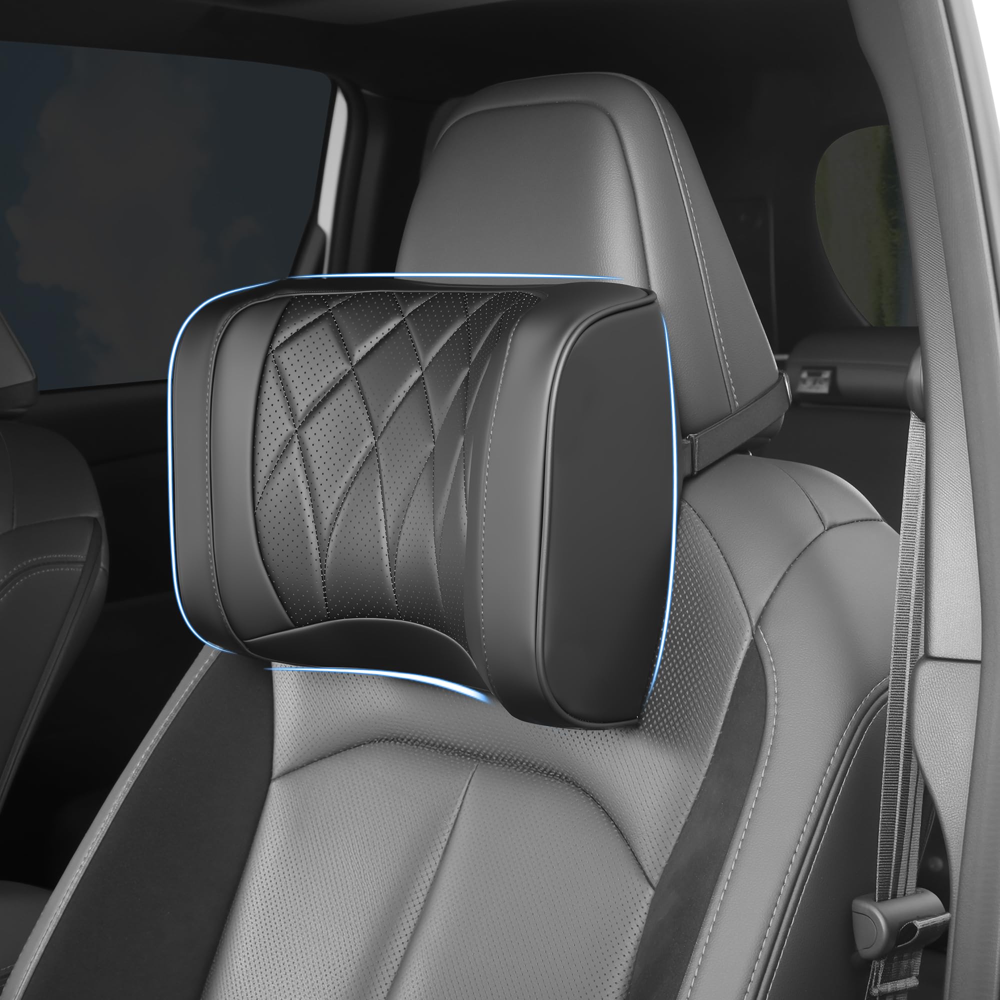 Dapucarin Car Headrest Pillow U-Shaped, Memory Foam Head Neck Support Cushion for Driving, Leather Head Rest Travel Pillows for Sleeping, Breathable Removable Cover, Black, 1 Pack