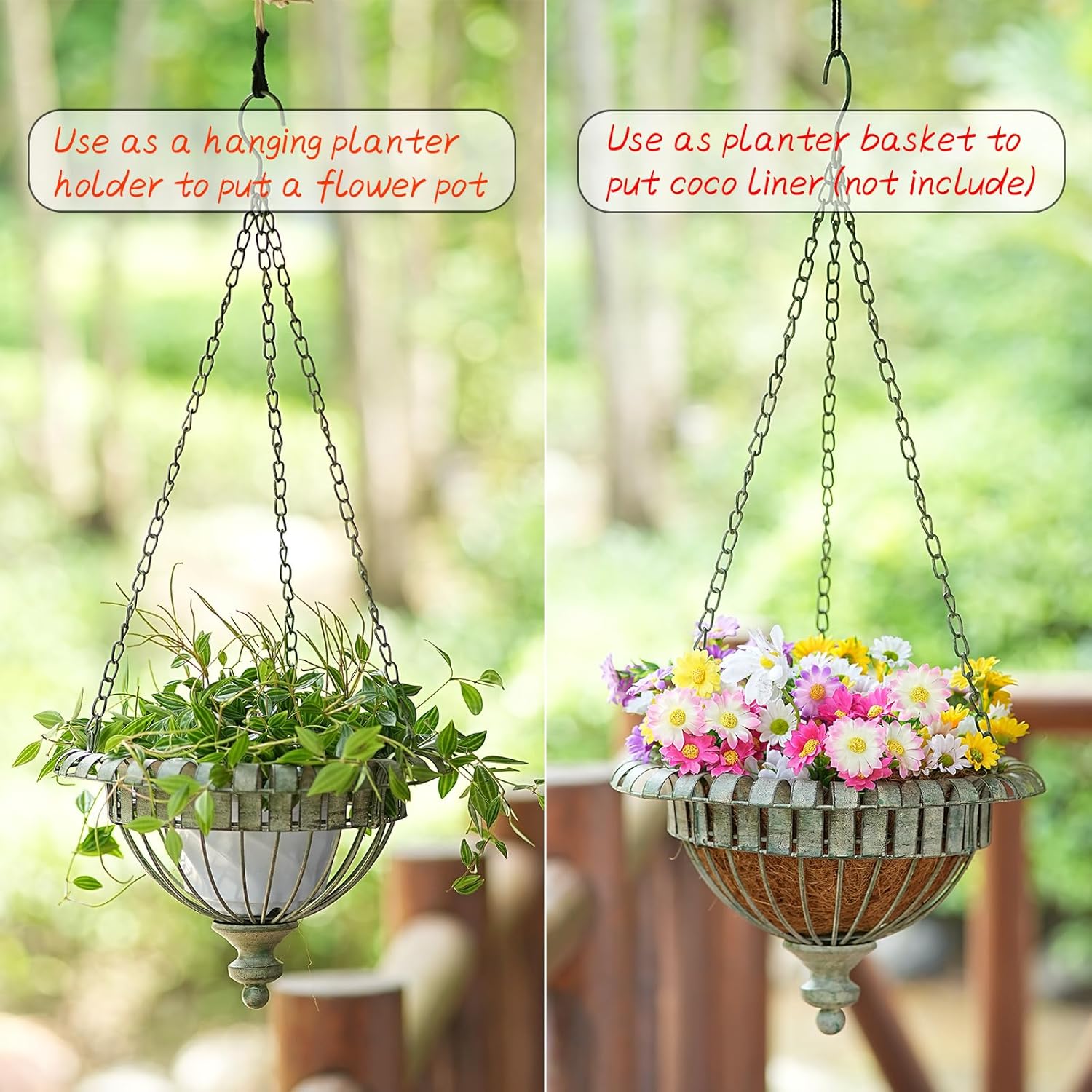 Set of 2 Metal Hanging Planters,Hand-Crafted Rusty Hanging Basket Plant Holder for Outdoor Indoor Garden, Patio, Deck, Porch, Flower Pots