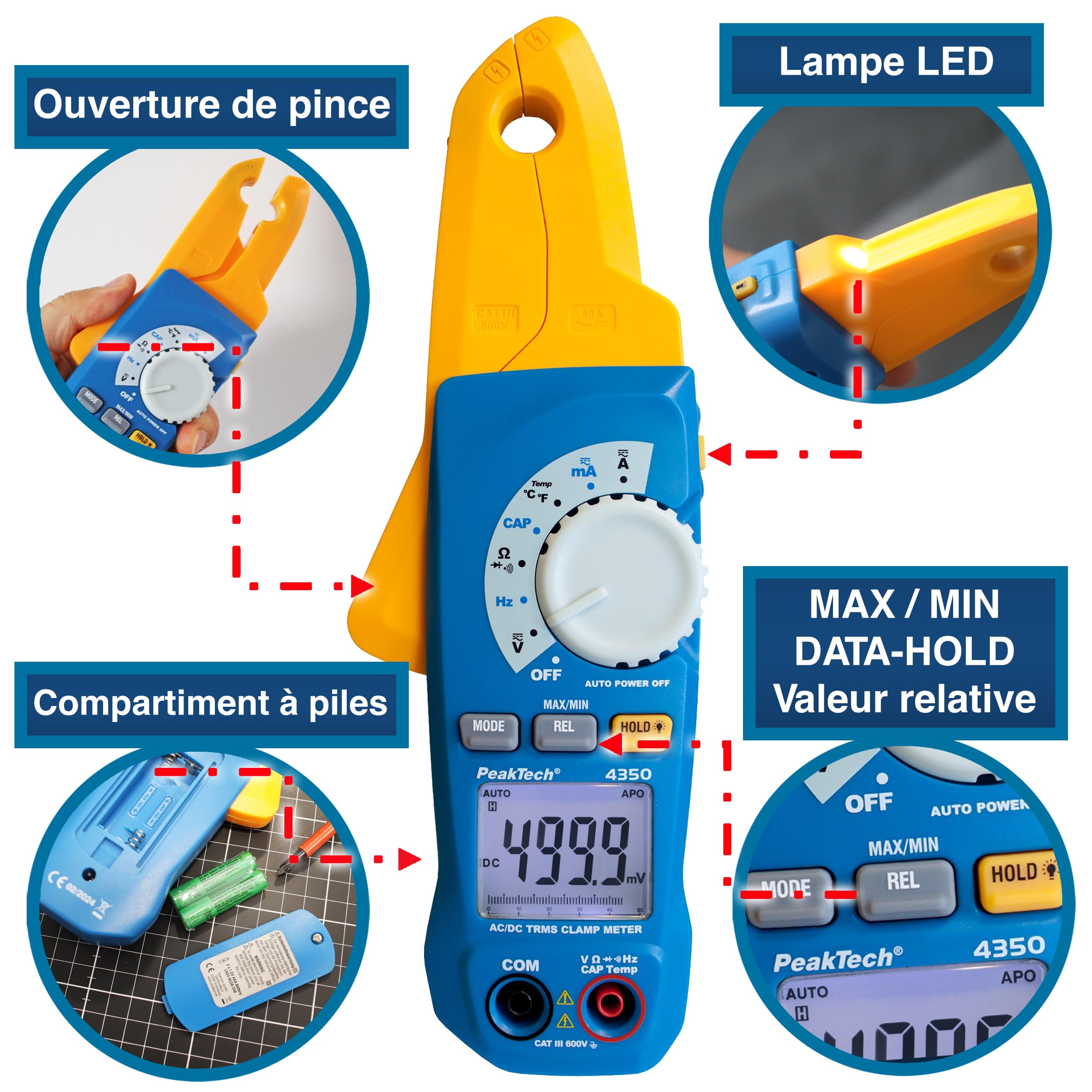 PeakTech 4350 - Pince Ampèremétrique True RMS 80A AC/DC, Multimètre Numérique, Pince de courant, Autorange, 4000 counts, Voltmètre Sans Contact, Ampèremètre, Testeur de Continuité - Max 600V