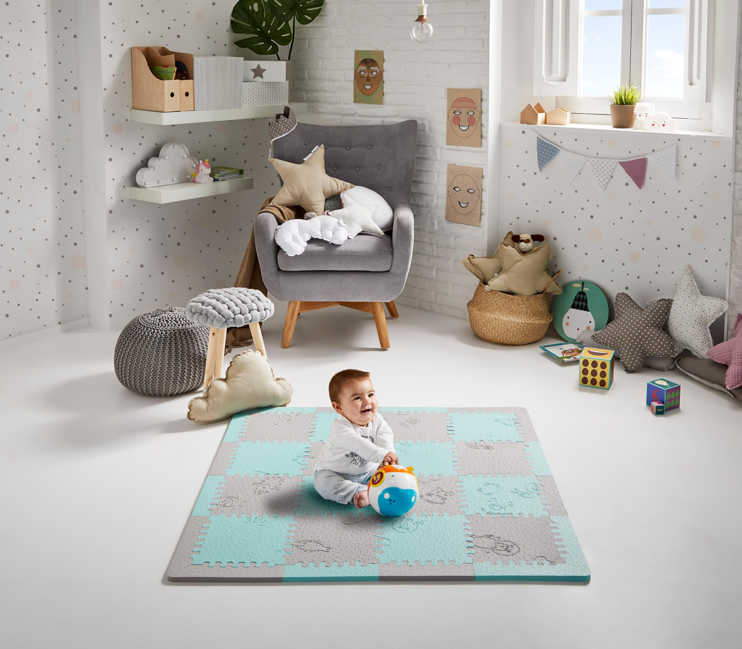 LuBabymats Mini - Alfombra puzzle de viaje para bebés, suelo extra acolchado de Foam (EVA). Medida: 110x110 cm. Color mint y gris