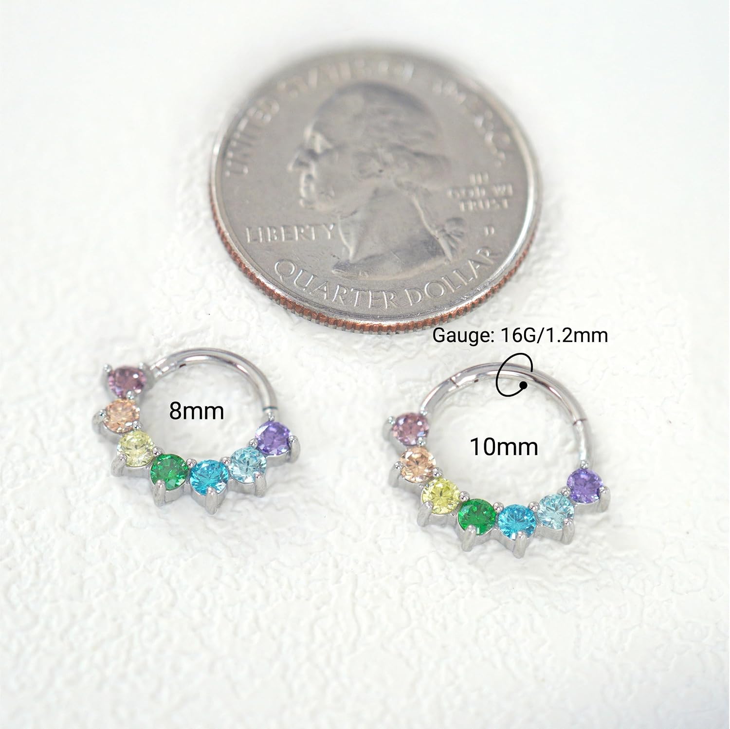 16G Silver Rainbow CZ Daith Earring Jewelry - 16 Gauge Surgical Steel Septum Ring Jewelry for Septum Piercing - Gemstone Septum clicker - 8mm 10mm - Dainty Daith Hoop