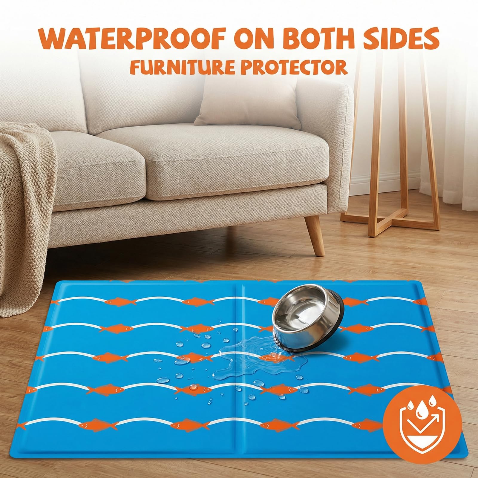 Qoosea Tapis Rafraîchissant pour Chien et Chat 50x90cm - Motif Poissons et Vagues, Matelas Refroidissant Auto-Cooling, Imperméable et Pliable, pour Maison, Voiture, Voyage