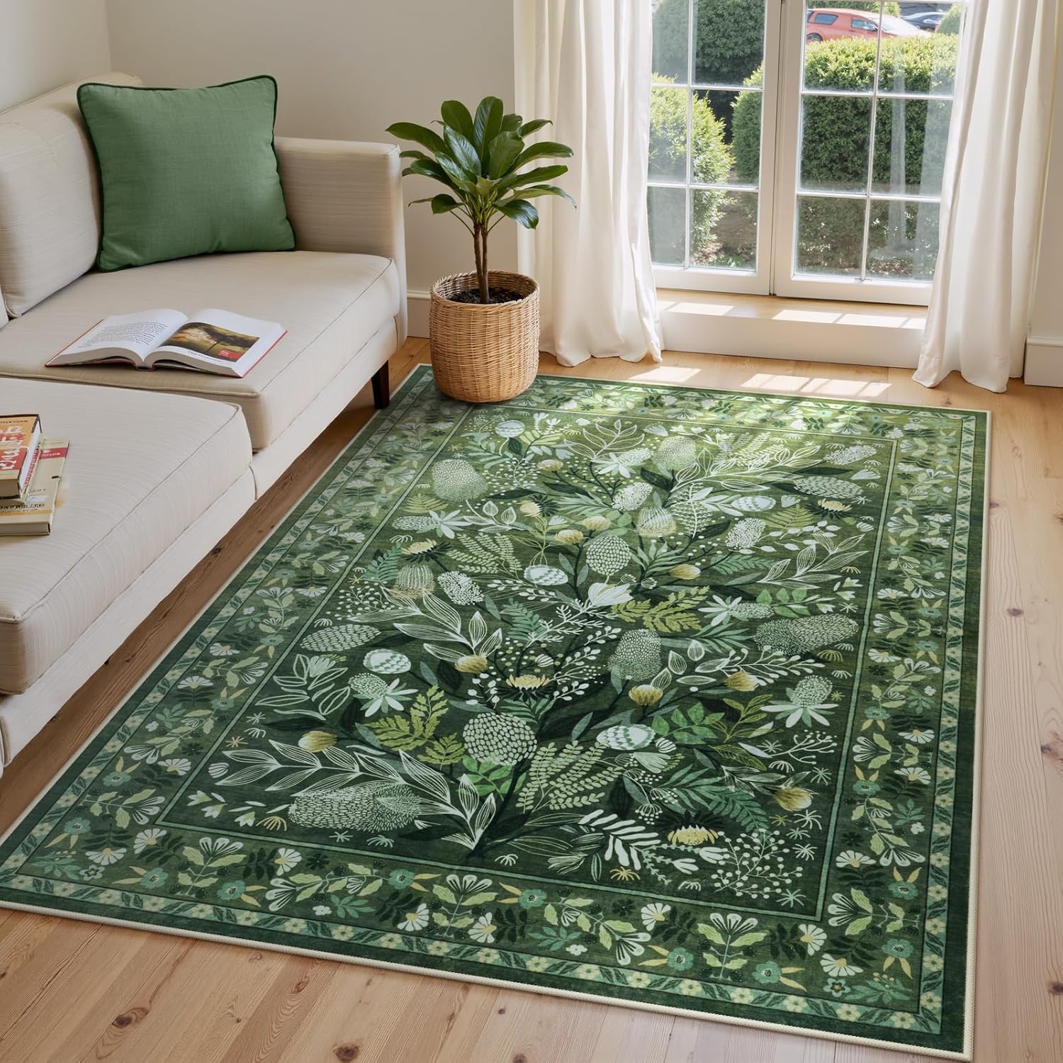 Anidaroel 5x7 Green Botanical Floral Washable Area Rug - Non-Slip Soft Modern Rug for Living Room Bedroom Dining Entryway