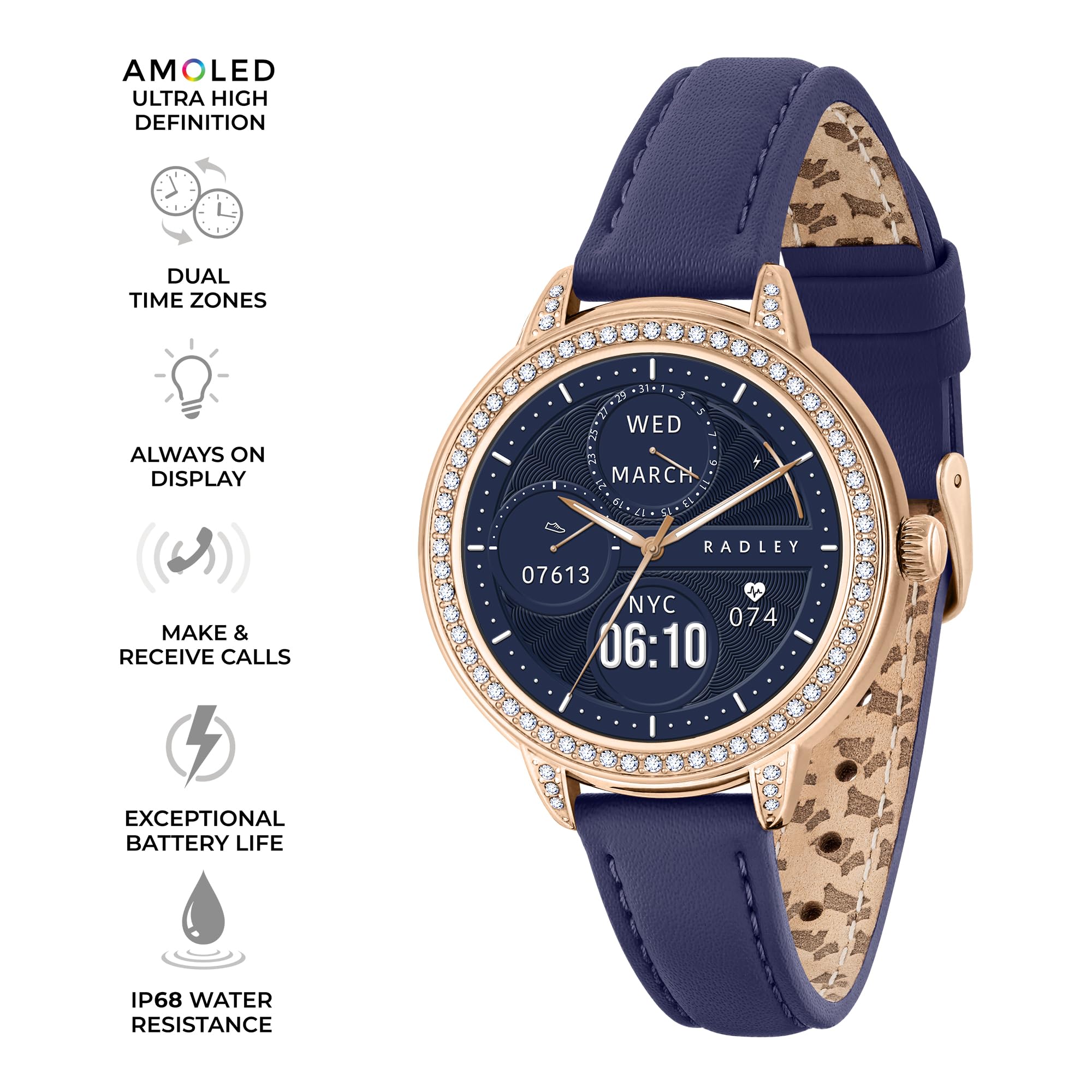 RADLEY Seria 33 Amoled HD Smart Watch dla kobiet z ponad 100 trybami sportowymi, tętnem, licznikiem kroków, IP68, monitorem aktywności, monitorowaniem snu i niebieskim skórzanym paskiem do iOS,