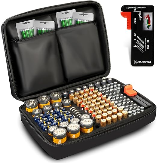 BLOSTM Batterie Organizer mit Batterietester - Batterie Aufbewahrungsbox für 140 Batterien AAA, AA, 9V, C, D, Knopfzelle, Batterie Box Aufbewahrung (Batterien Nicht Enthalten)