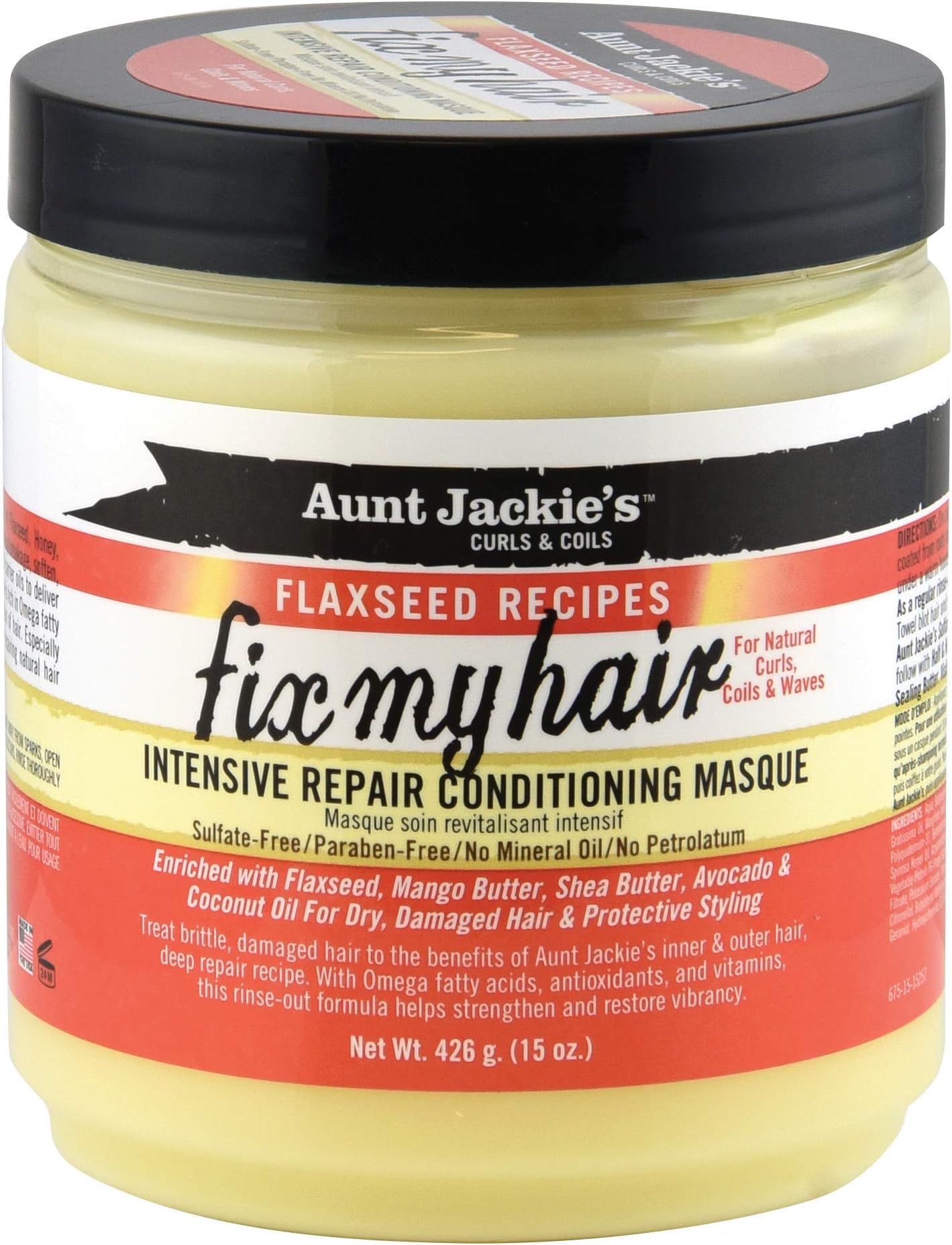 Aunt Jackie's Flaxseed Recipes Fix My Hair, Intensive Repair Conditioning Masque, Helps Prevent and Repair Damaged Hair, 15 Ounce jar