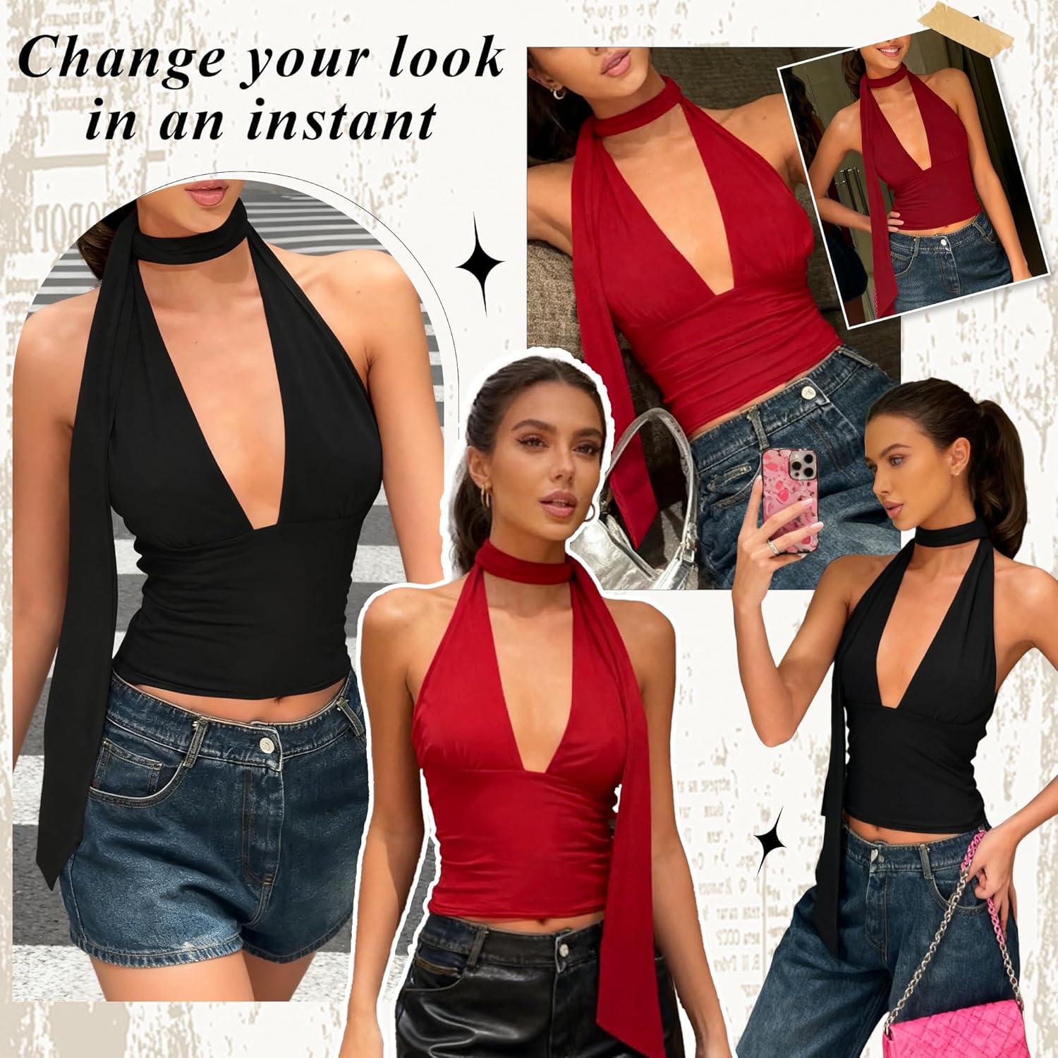 Womens Sexy Scarf Halter Tops Going Out Deep V Neck Sleeveless Backless Crop Top Slim Fit Y2k Summer Clubwear Party Top - Image 6