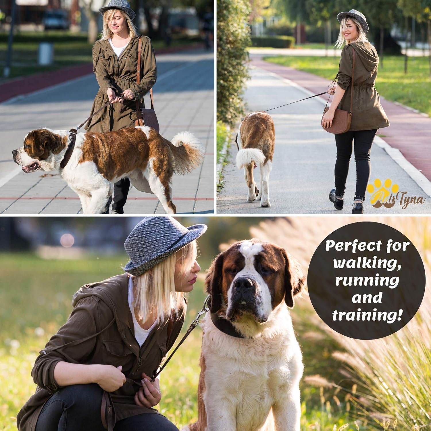 Brown Leather Dog Collar and Leash Set - Leather Dog Leash 6 Foot x 1" and Dog Collar for Extra-Large Dogs