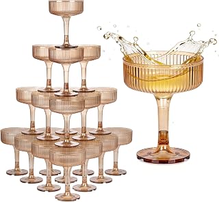Houmury 20-Pack 7oz Amber Unbreakable Plastic Champagne Flutes - Reusable Acrylic Martini Goblet Glasses for Weddings & Parties