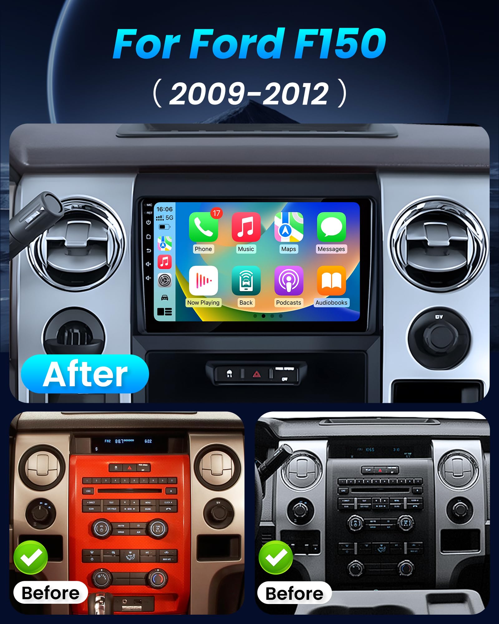 Car Radio for Ford F150 2009 2010 2011 2012: [2G+64G] 9 inch 1280 * 800 Touch Screen Stereo Head Unit with Wireless Carplay Android Auto GPS Bluetooth WiFi SWC FM RDS Mirror Link Backup Camera