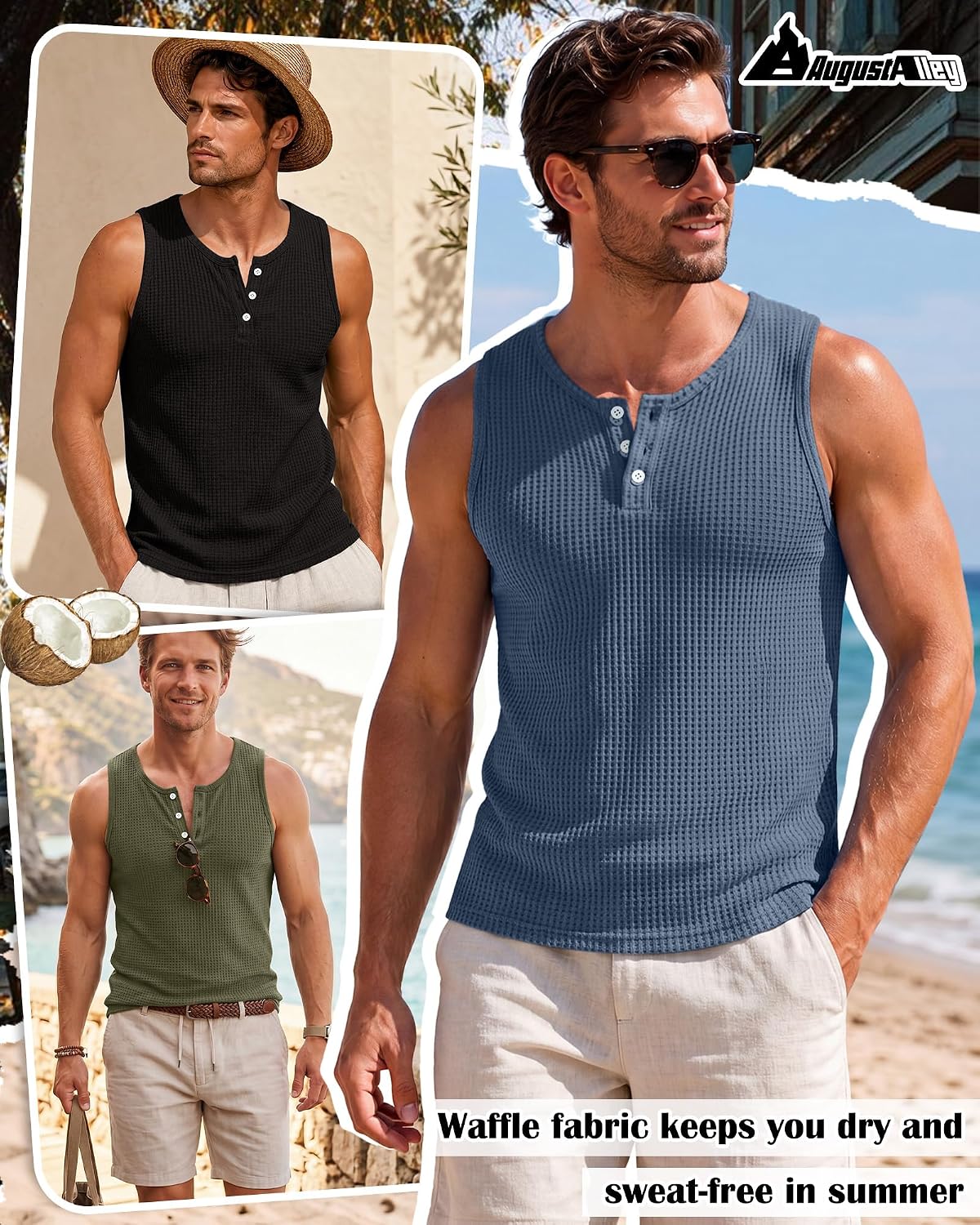 August Alley 3 Pack Men's Sleeveless Tank Tops Henley Shirts Waffle Knit Muscle Shirts Button Casual Summer Tees