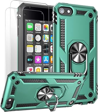 ULAK Compatible with iPod Touch 7/6/5 Case with 2 HD Screen Protectors, Hybrid Rugged Shockproof Cover with Built-in Kickstand for iTouch 5th/6th/7th Generation, Cyan