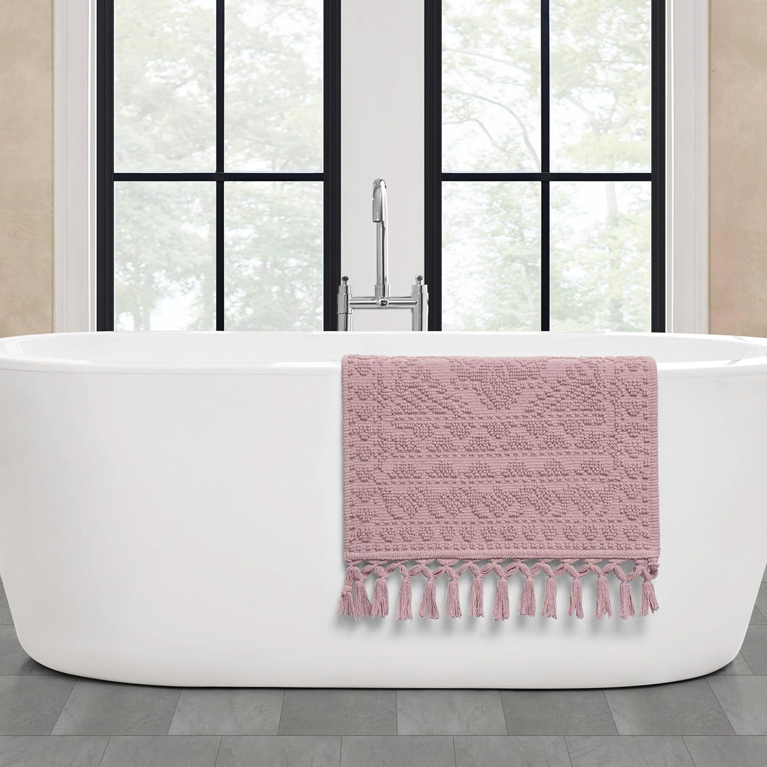French Connection Nellore Bathroom Rugs, Woven and Beaded Mats, Durable Bath Rugs, Thick Bath Mats for Bathroom and Shower Rugs, 20" x 38", Dusty Pink