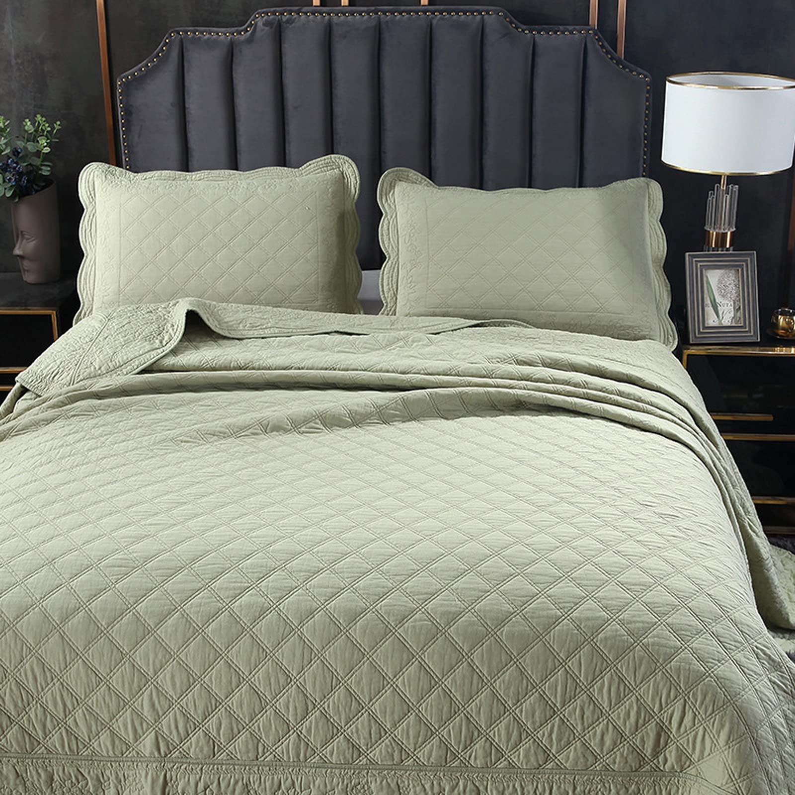 Sjdopulse Green Quilted Bedspread Set 3 Pieces Reversible Jacquard Embroidery Coverlets Soft Cotton Double King Quilt With 2 Pillowcases American Country Style,,90X90inch